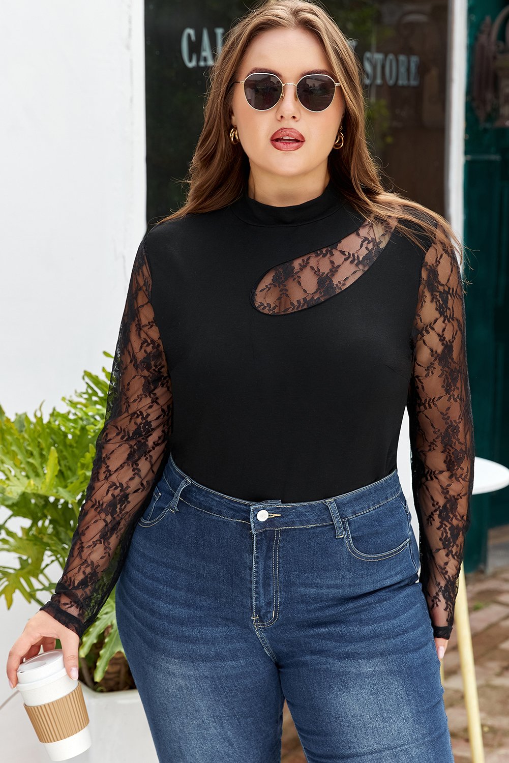 Black Plus Size dentelle patchwork asymétrique coupé transparent à manches longues – Image 10