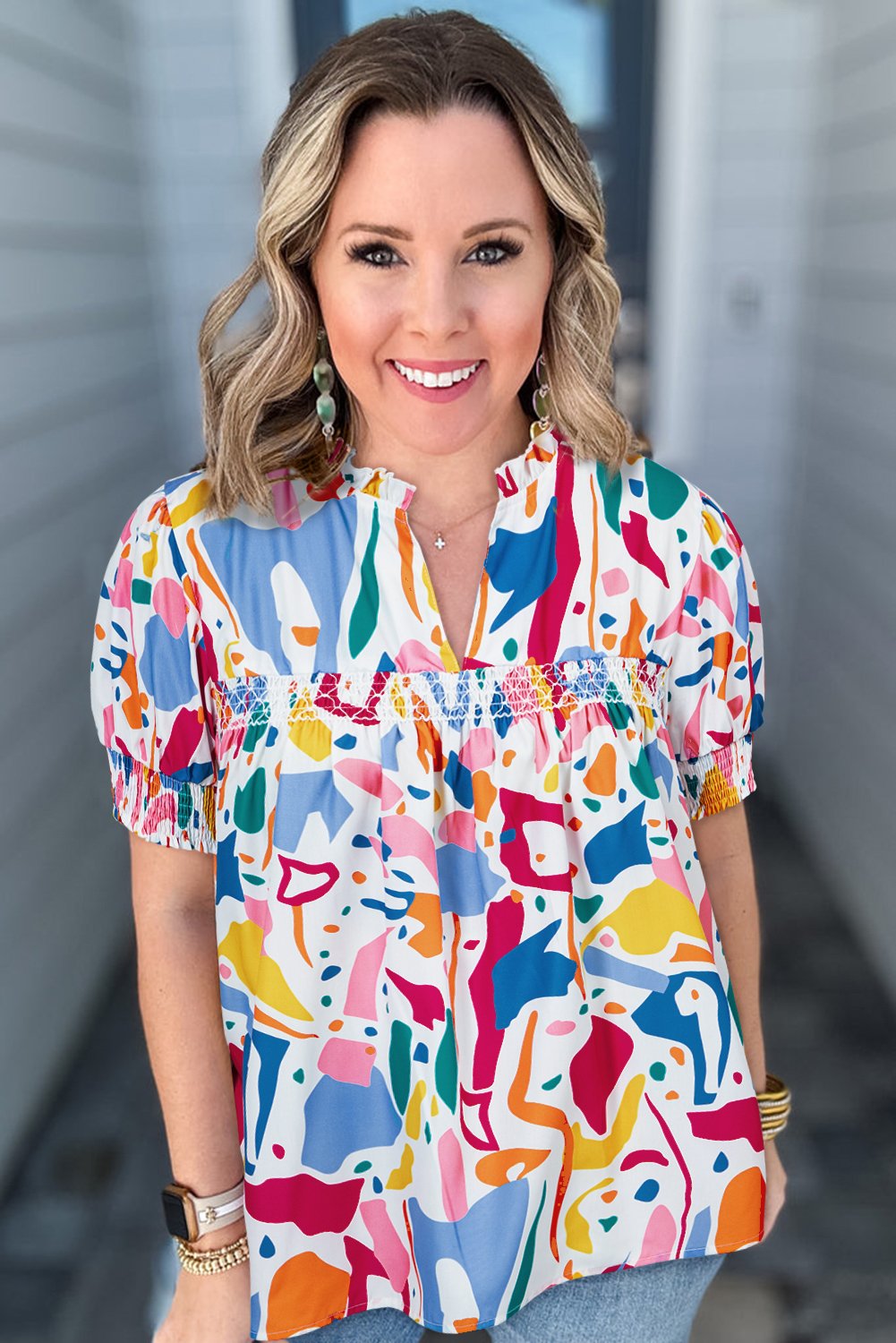 Blanc Abstract Imprimer à manchette broyée à manchettes plus chemisier de taille plus taille – Image 4