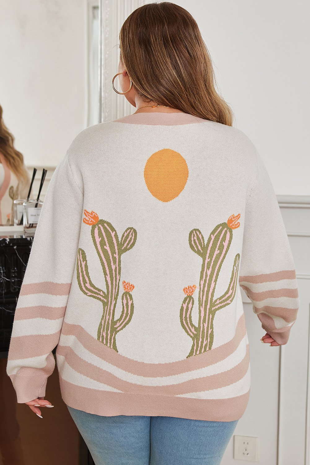 Abricot Western Desert Cactus Print Plus Taille Bouton Pull Cardigan – Image 2