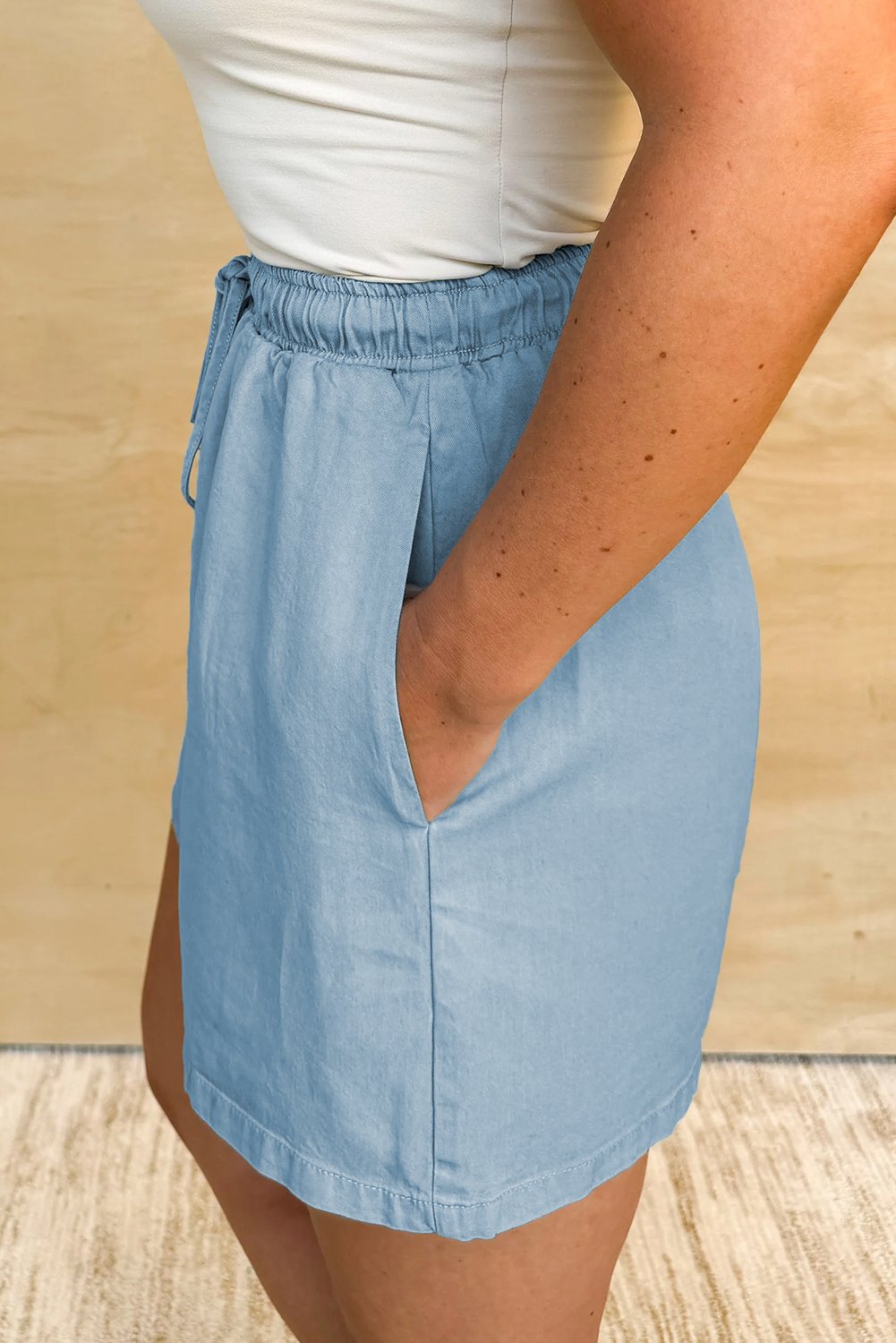 Beau Beau Blue Washed Chambray DrawString Elastic Affinet Plus Shorts de taille – Image 3