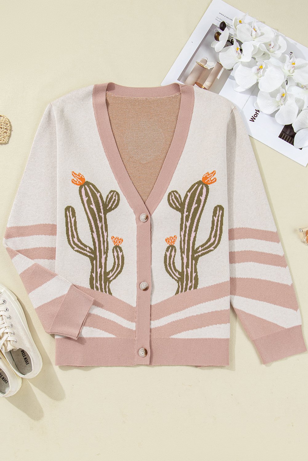 Abricot Western Desert Cactus Print Plus Taille Bouton Pull Cardigan – Image 8