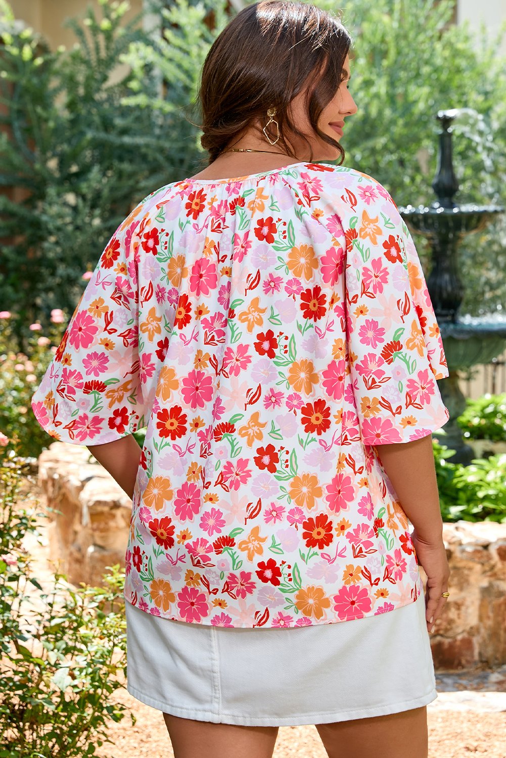 Blanc Floral Split V cou cou de cou largeur à manches courtes plus haut de taille – Image 2